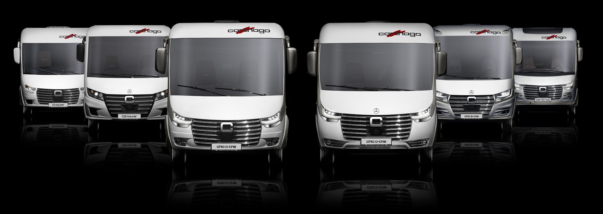 Carthago vollintegrierte Wohnmobile von vorne in einer Range