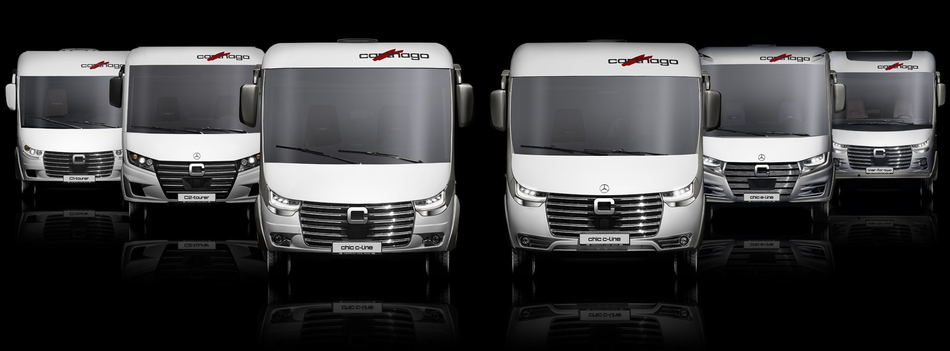 Carthago vollintegrierte Wohnmobile von vorne in einer Range
