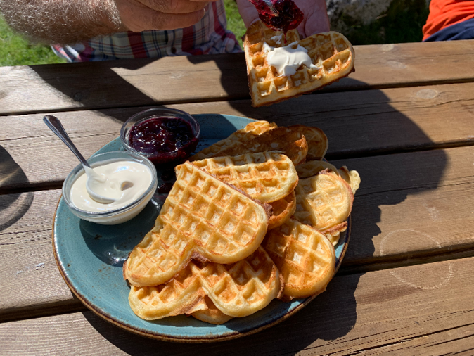 Waffles with sour cream and blackcurrant jam